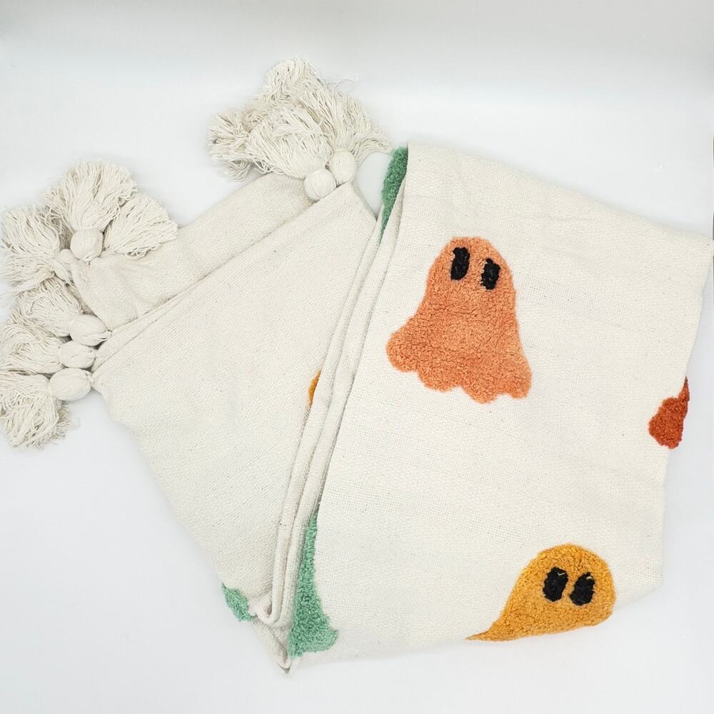 Rachel Zoe Ghost Tufted Halloween Teal Orange Multi Color Throw Blanket Tassels